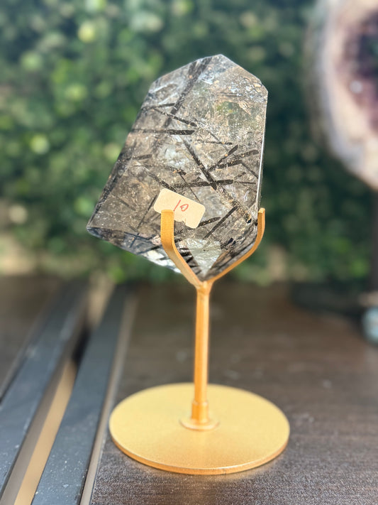 high quality black tourmaline and quartz freeforms on stand #10