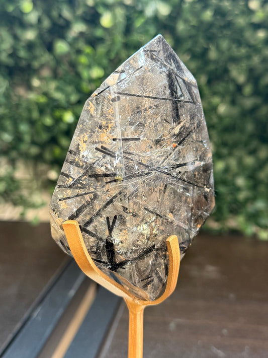 high quality black tourmaline and quartz freeforms on stand #10